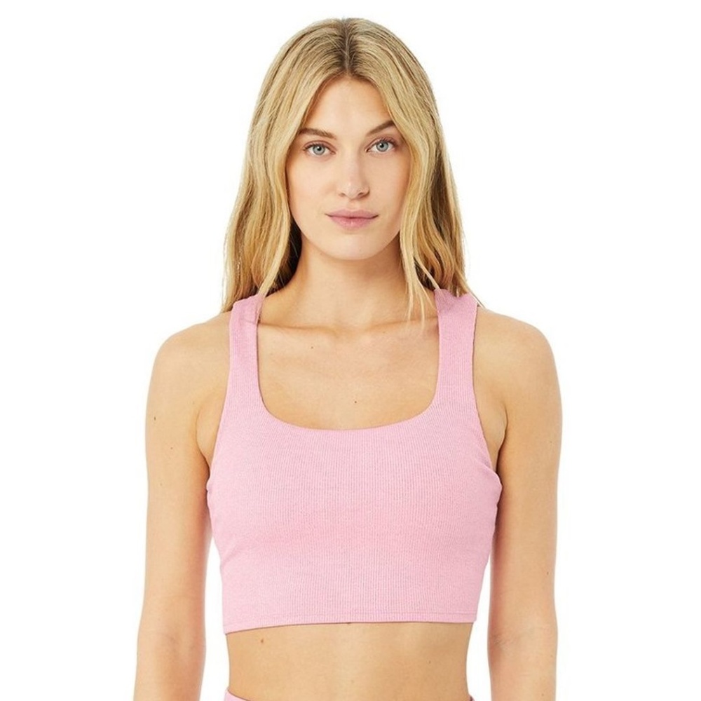 Alo Yoga Alosoft Ribbed Longline Sports Bra Tank Top in Colour Parisian Pink